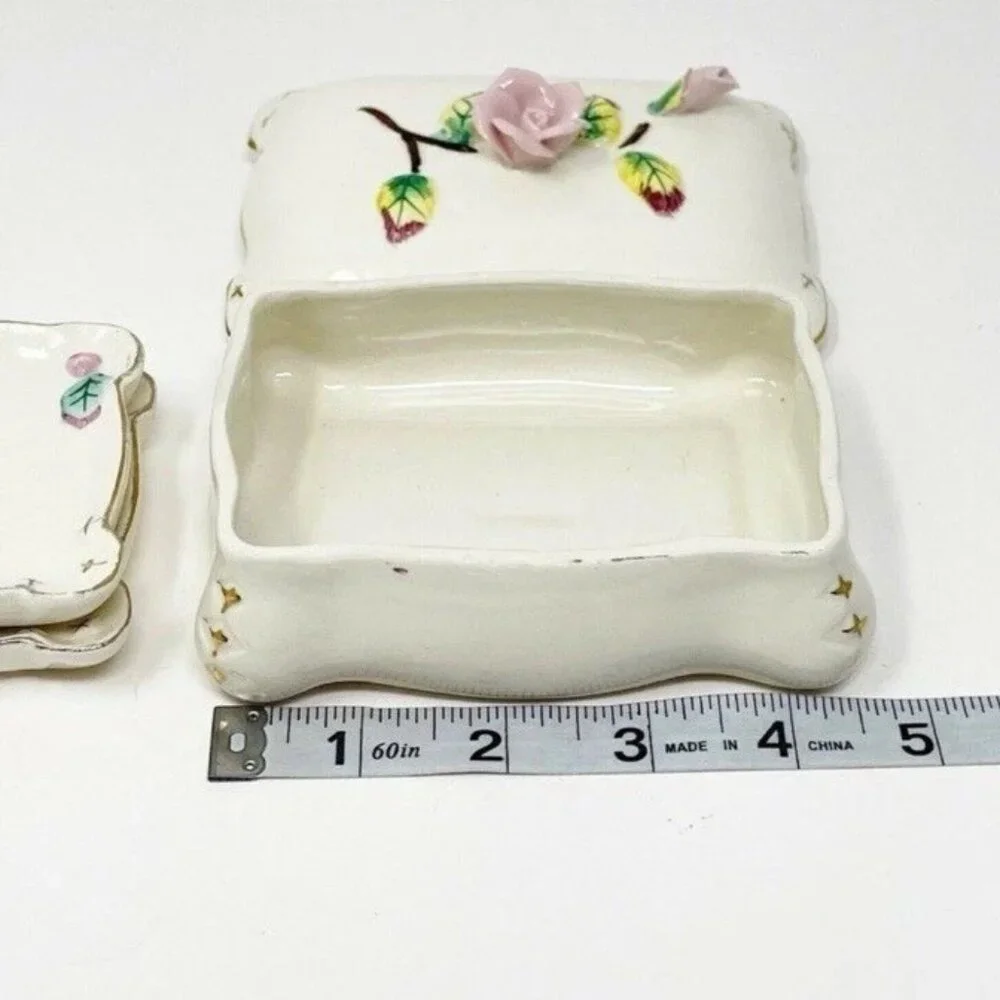 Vintage Japan Porcelain Trinket Jewelry Box w/ Rose Applied Flowers & Inserts
